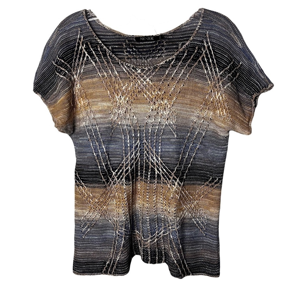 Nic+Zoe | Tan Blue Linen Blend Short Sleeve Sweater, Medium Petite